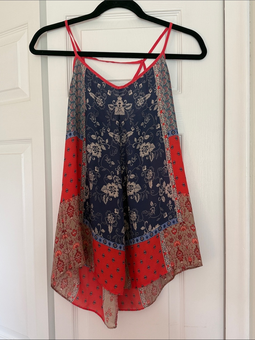 Maurices Navy, Red and Cream Floral Patchwork Tank